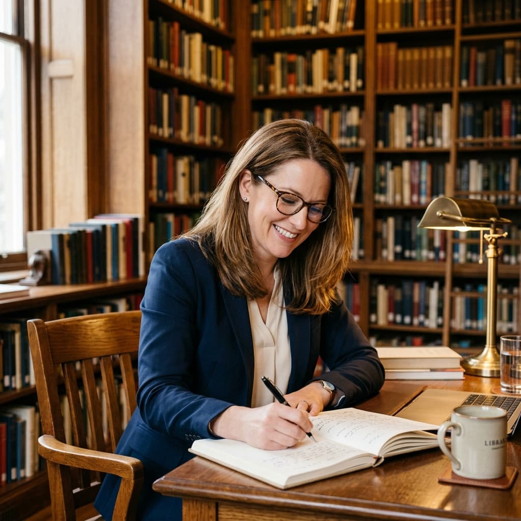 Female book editor writing at desk