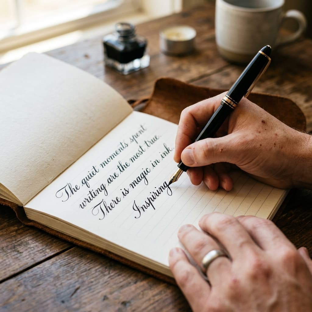 Hand writing in open book with warm sunset rays