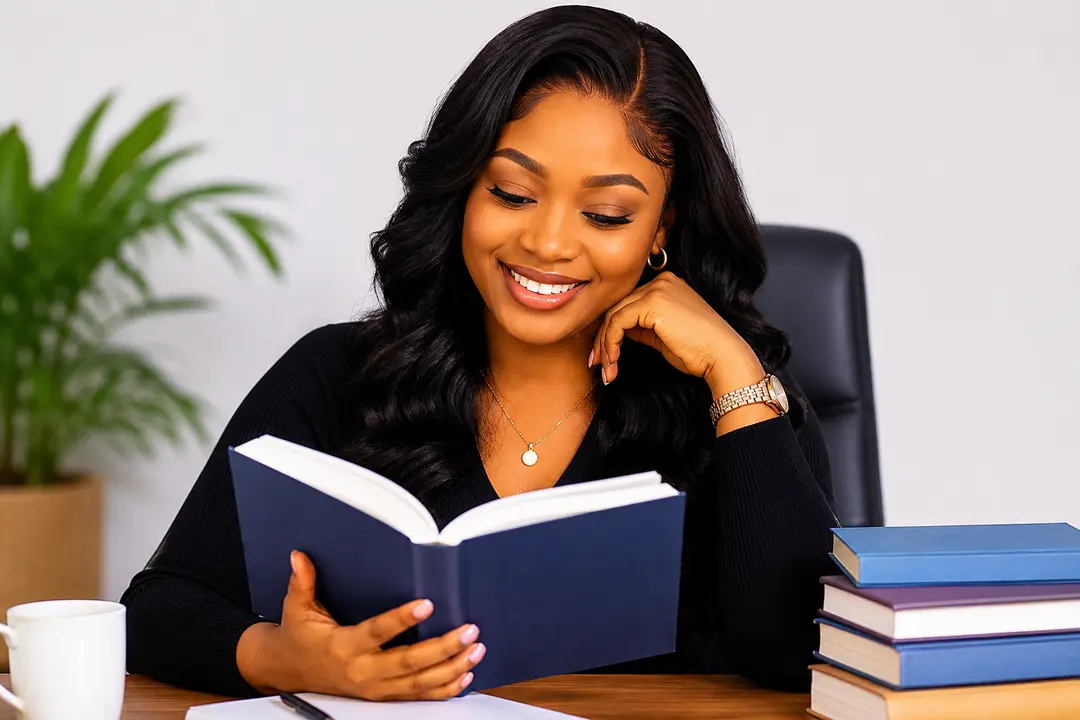 Smiling woman reading a navy hardcover book at a desk beside a stack of books