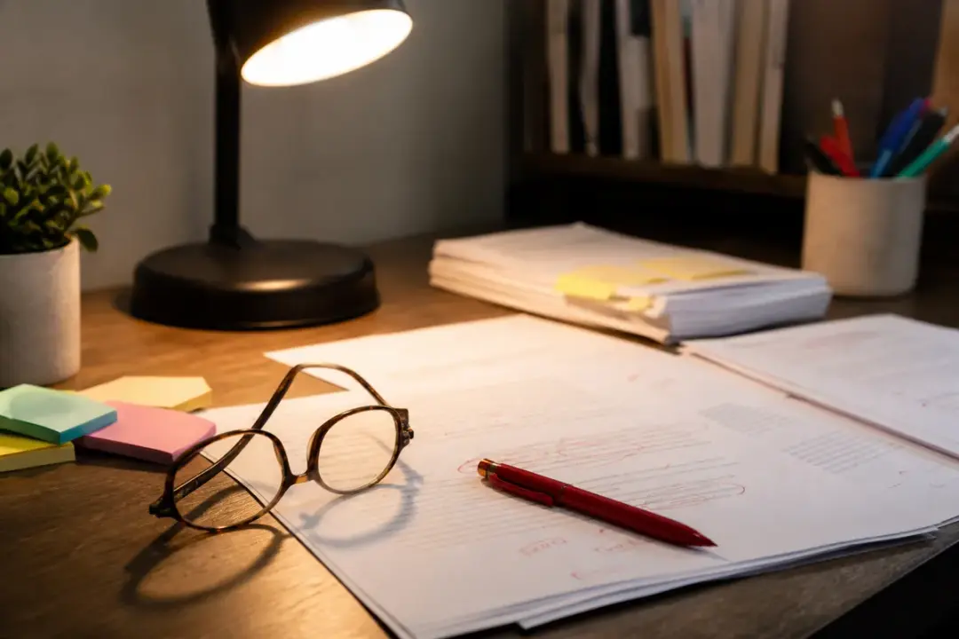 Editor's desk with manuscript and red pen