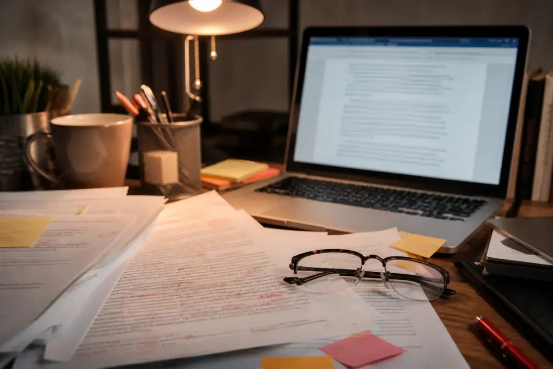 Editor's workspace with manuscript pages and red pen marks
