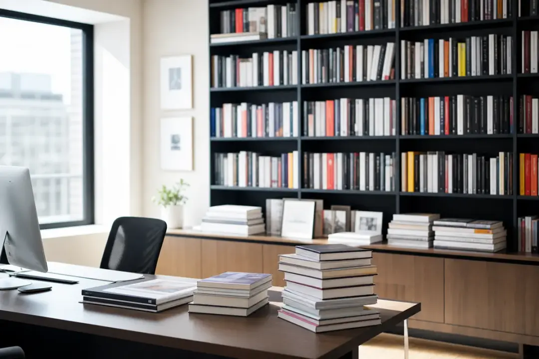 Modern publishing office with bookshelves