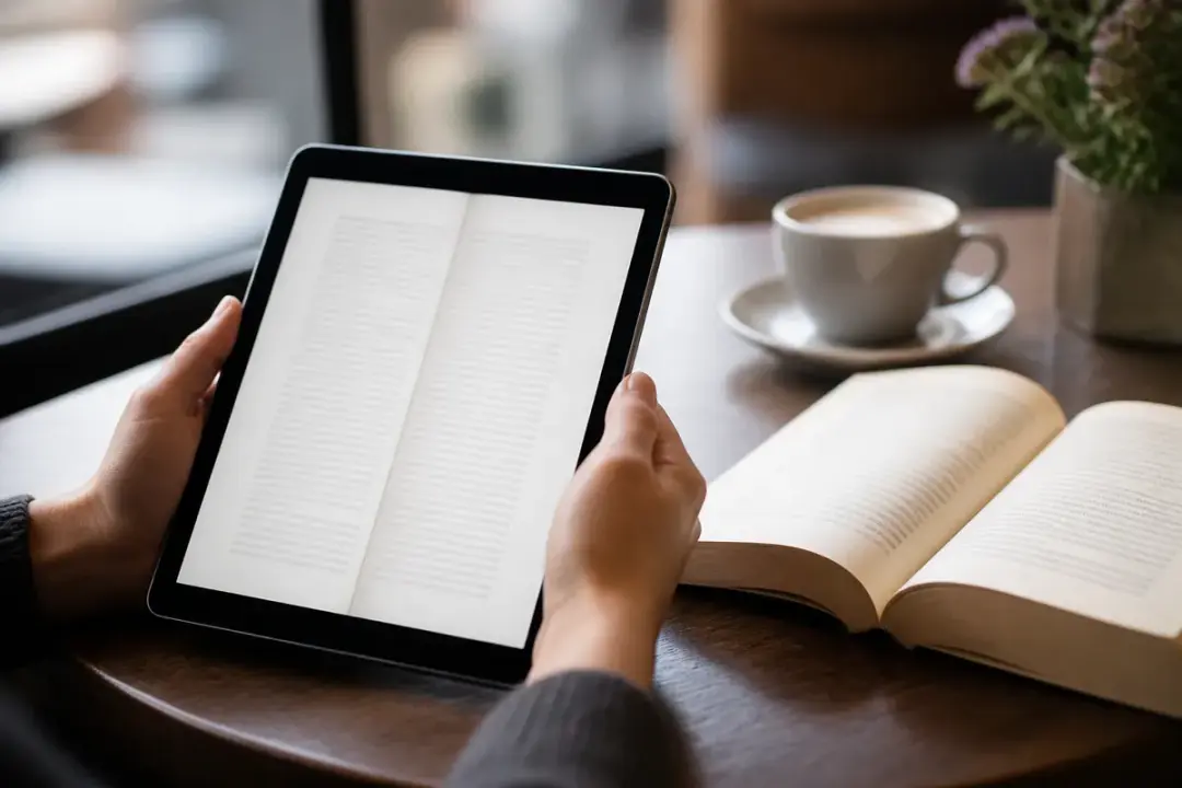 Reading a book on a tablet beside a paperback