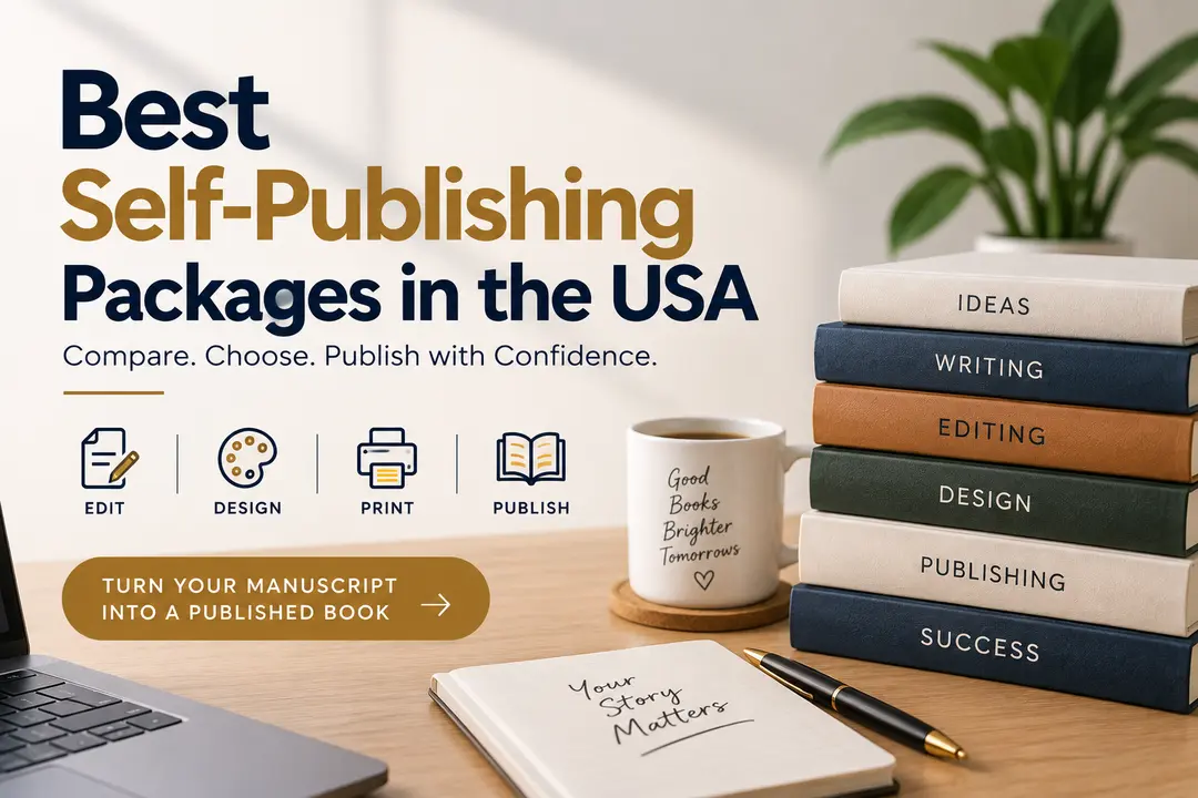 Banner reading Best Self-Publishing Packages in the USA beside a stack of books labeled Ideas through Success