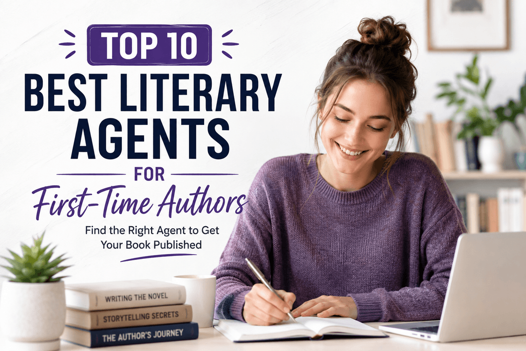 Header reading Top 10 Best Literary Agents for First-Time Authors beside a woman writing in a notebook