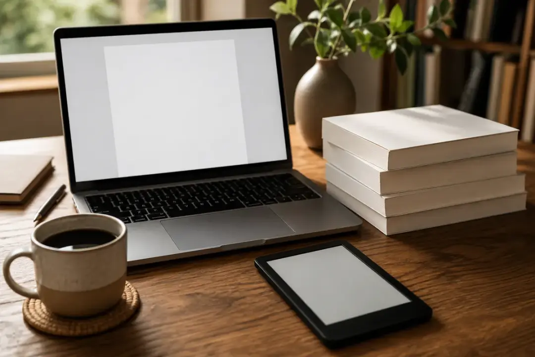 Kindle Direct Publishing guide 2026 — laptop, e-reader and printed books on a publishing desk